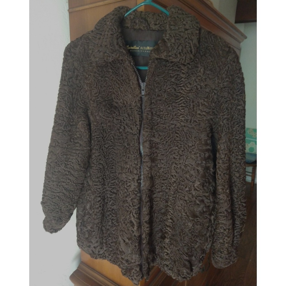 Rare Maximilian Altamoda Bloomingdales brown Perisian Curly Lamb Fur Coat Zip M